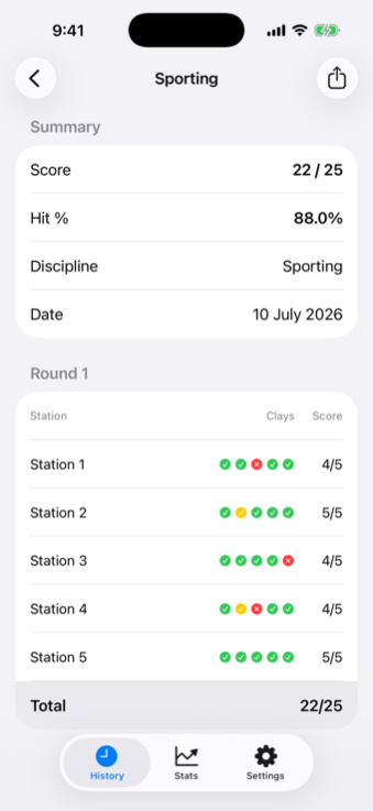 iPhone station-by-station scorecard with hit, miss and second-barrel markers