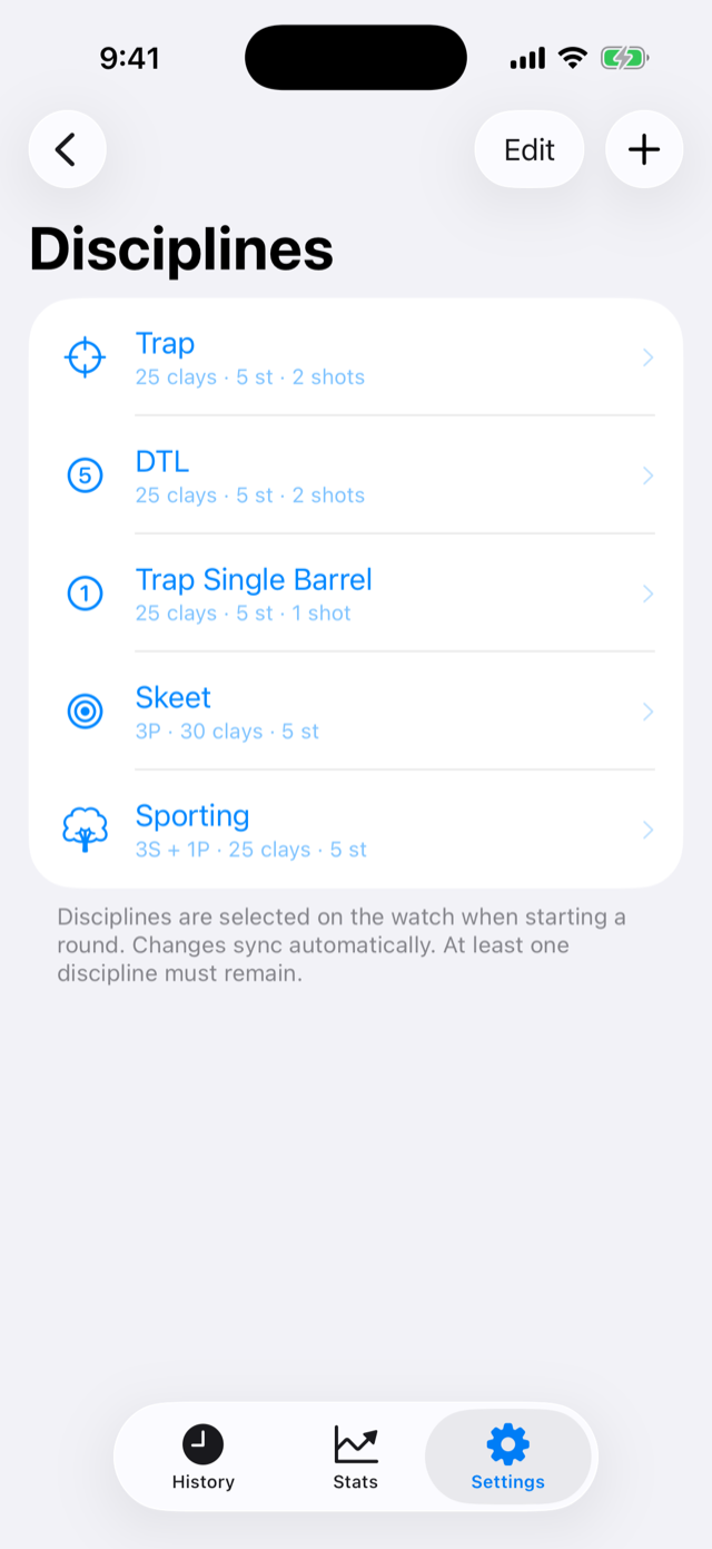 iPhone discipline editor listing Trap, Trap Single Barrel, Skeet and Sporting