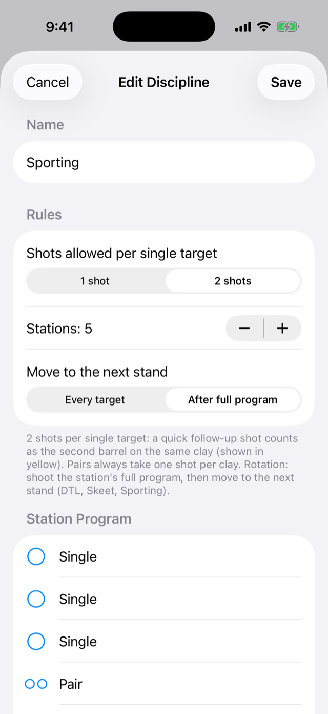 iPhone discipline editor for Sporting showing shots per single, station count, stand rotation and a station program of three singles and a pair