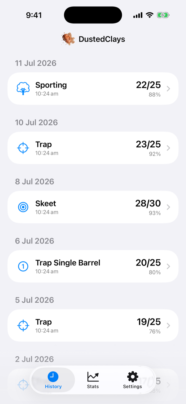 iPhone screen showing a history of scored rounds across disciplines