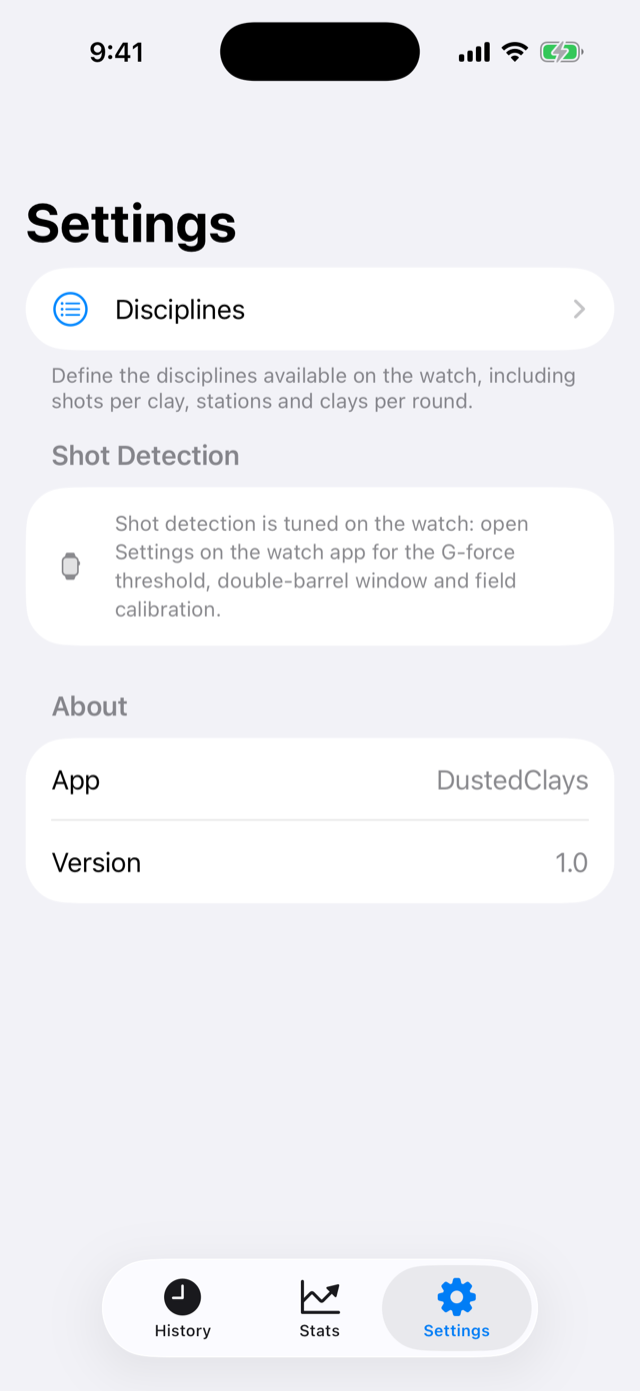iPhone settings screen with a Disciplines entry and a note that shot detection is tuned on the watch