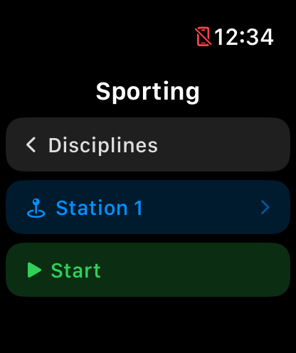 Watch start screen for Sporting with Disciplines, Station 1 and Start buttons