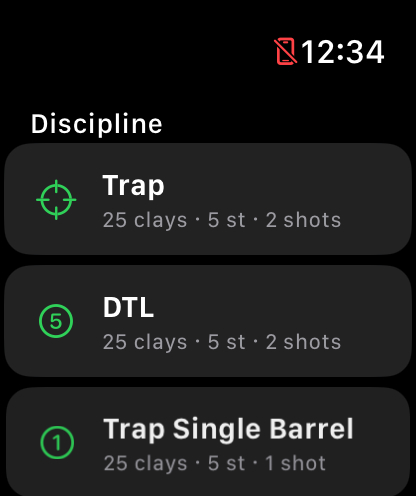 Watch screen listing Trap, DTL and Trap Single Barrel disciplines