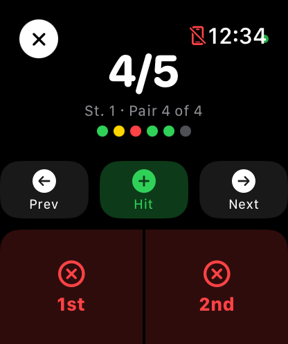 Watch screen mid-round showing 4 of 5 hits, Prev, Hit and Next buttons and first/second miss buttons for a pair