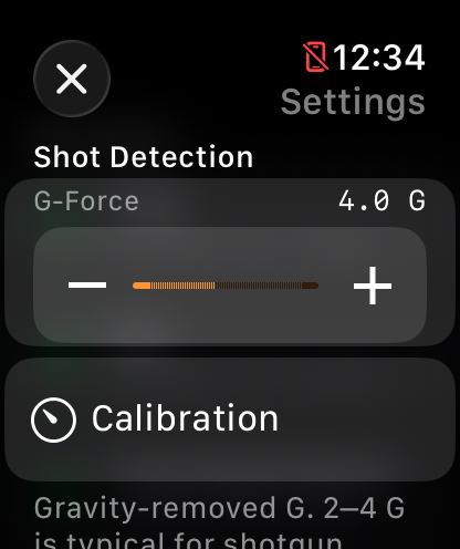 Watch settings showing a G-Force slider set to 2.5 G and a Calibration link