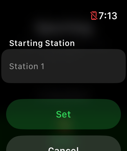 Watch starting station picker with a Station 1 wheel and Set and Cancel buttons